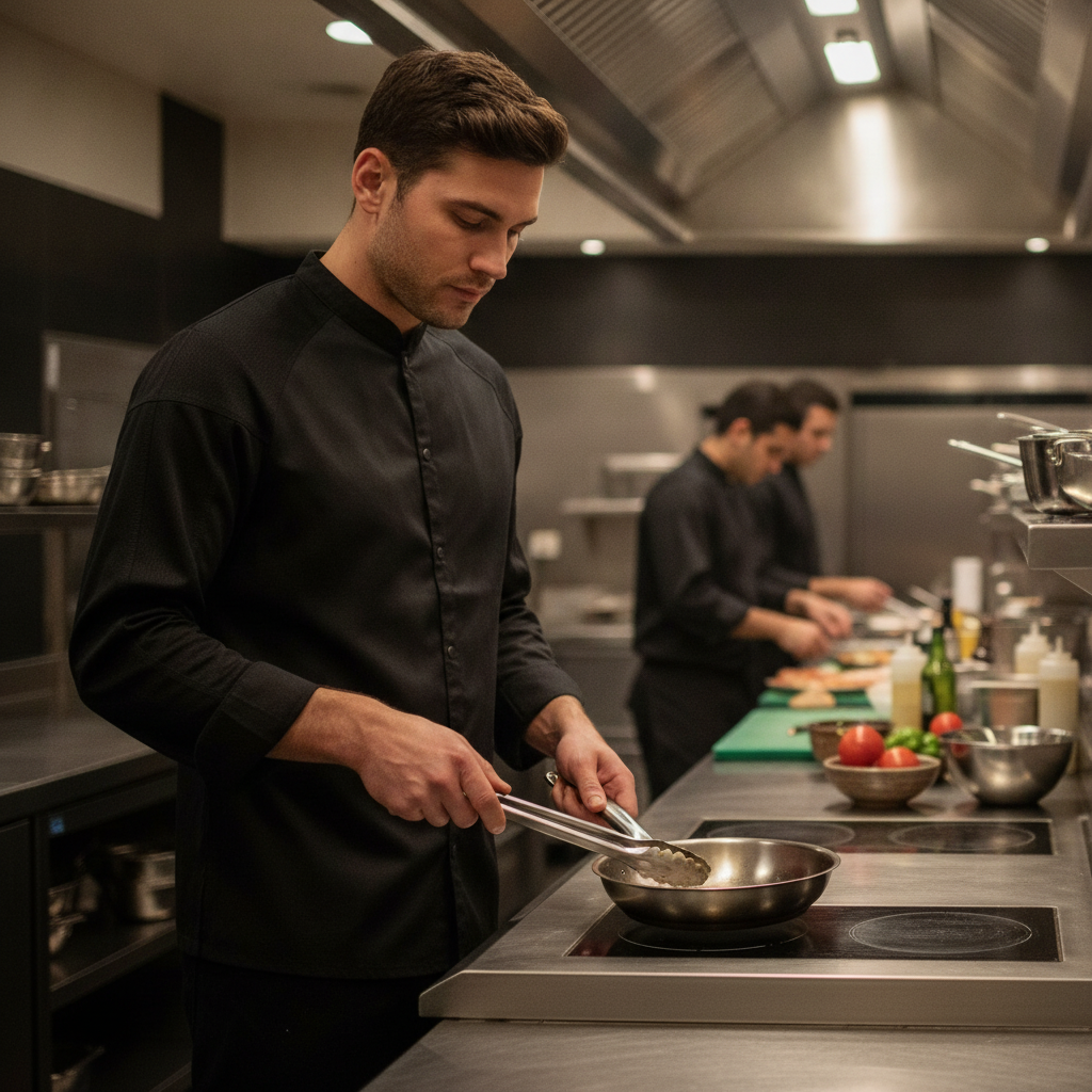 Recycled Polyester Black Chef Jacket for Hospitality Uniforms