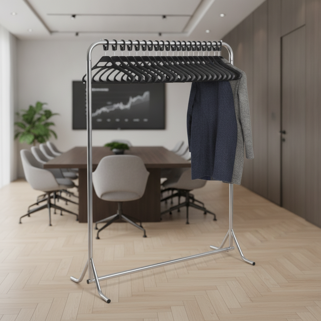 Steel Coat Rack with 20 Black Hangers for Meeting Rooms
