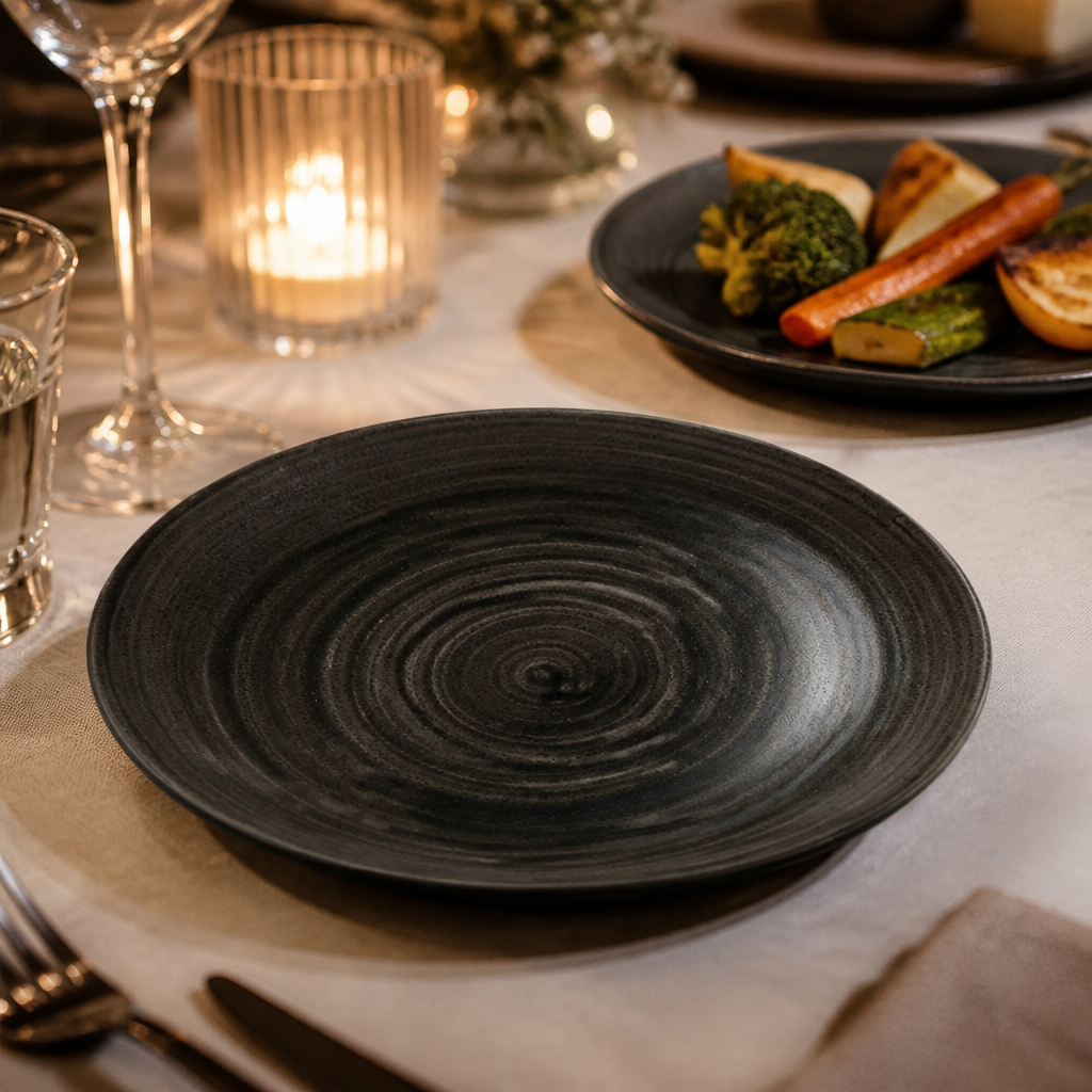 Iron Round Trace Plates Black Vitrified Ceramic for Serving Sides & Sharing Dishes (Pack of 12)