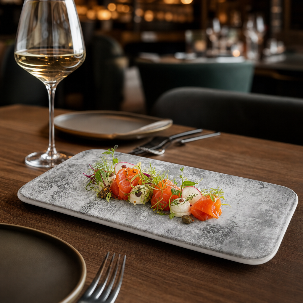 Organic Coupe Rectangular Platter Grey China for Contemporary Dining (Pack of 6)