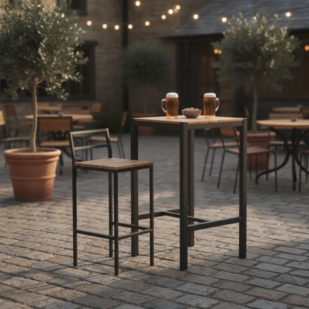 Acacia Wood and Powder-Coated Steel Bar Table 600mm for Pub Gardens