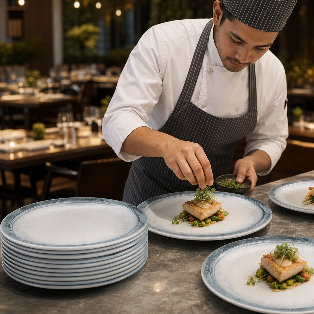 Plates Blue 254mm White China for Professional Use (Pack of 12)