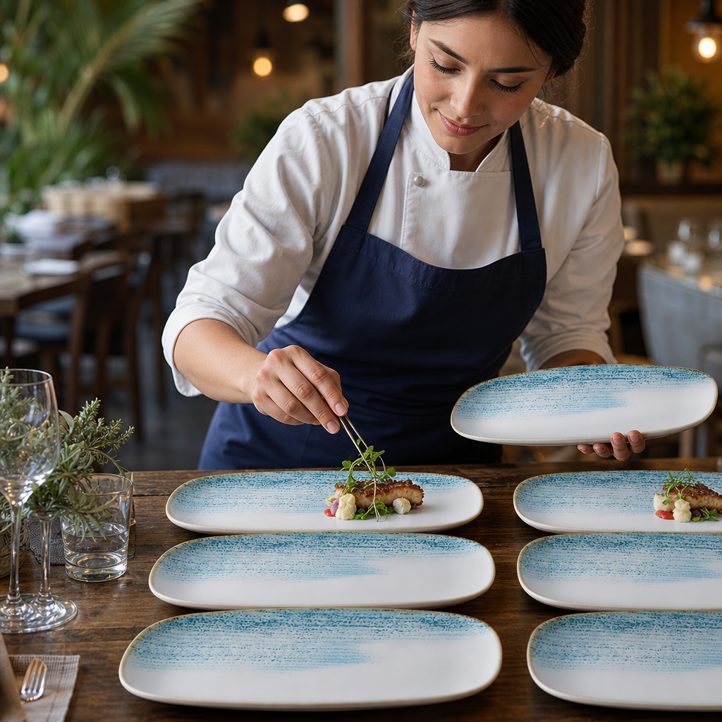 Oblong Plates Aqua Porcelain for Vibrant Table Settings (Pack of 6)