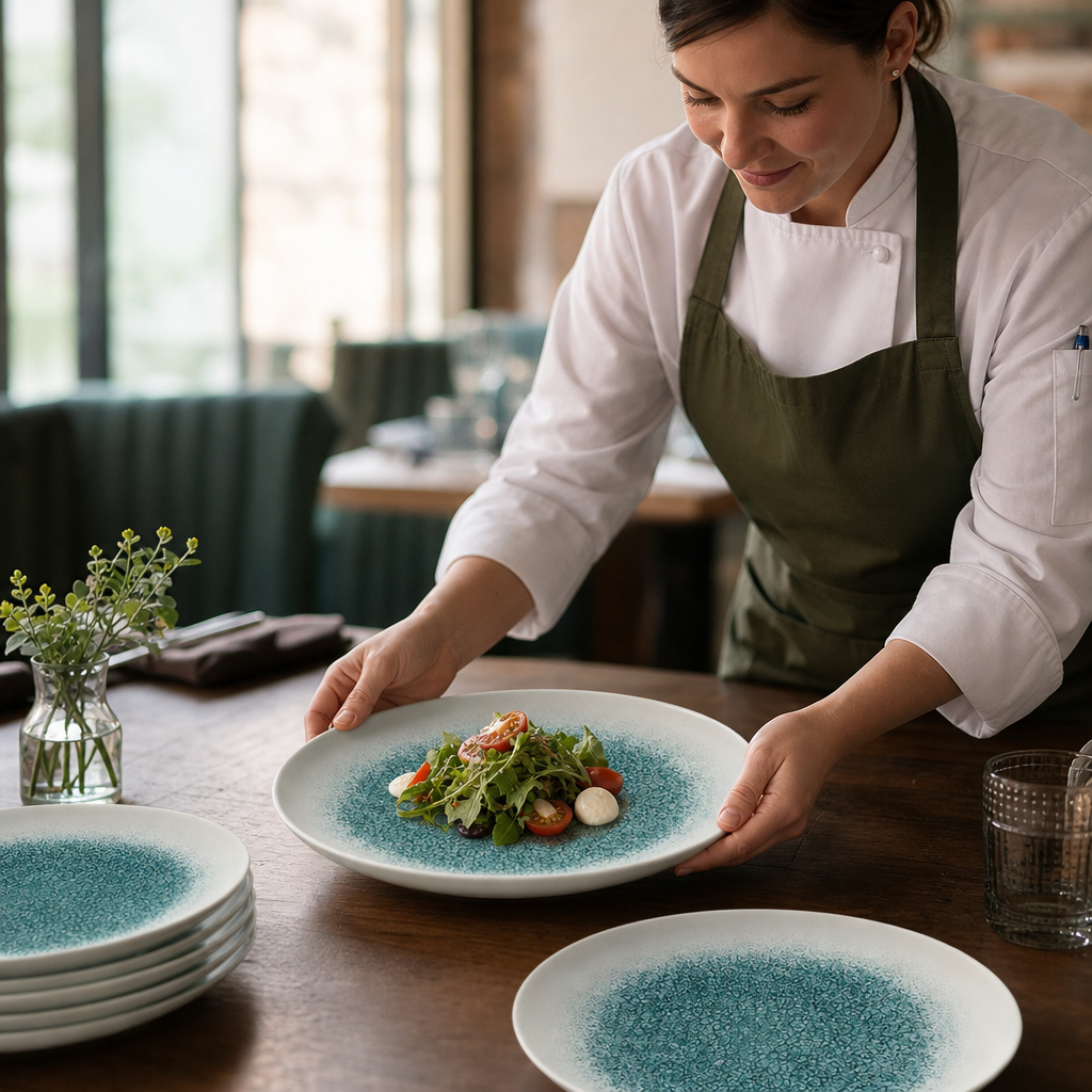 Round Trace Plates Green Porcelain for Serving Fresh Salads & Mains (Pack of 12)