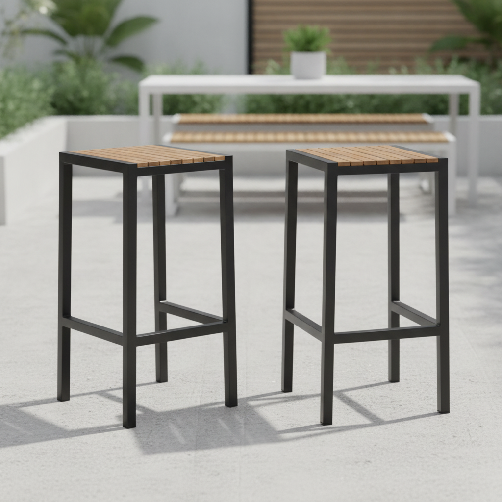 Acacia Wood & Powder-Coated Steel Bar Stools 750x350mm for Outdoor Areas (Pack of 2)