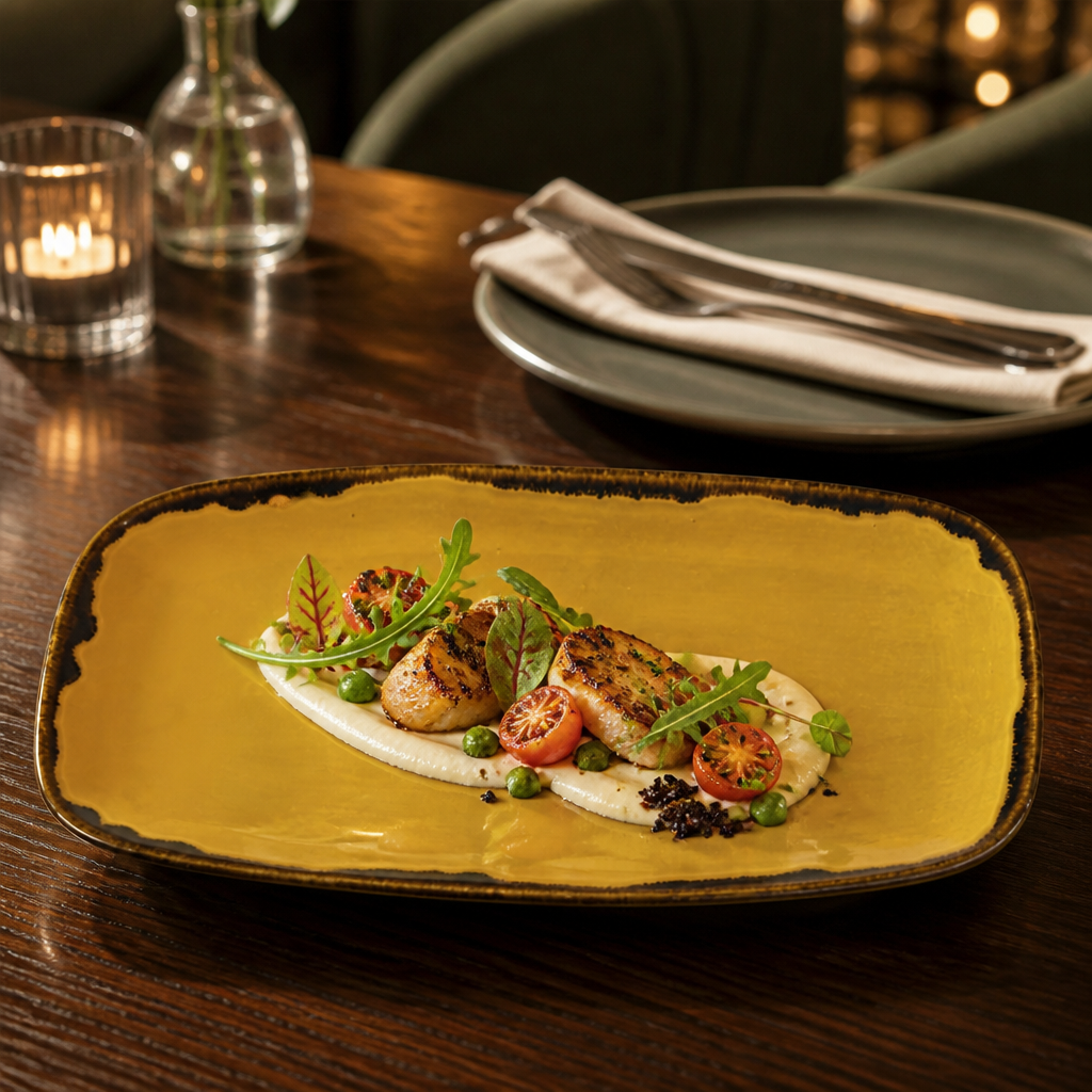 Hand-Finished Oblong Plates Mustard Vitrified Porcelain for Modern Dining (Pack of 6)