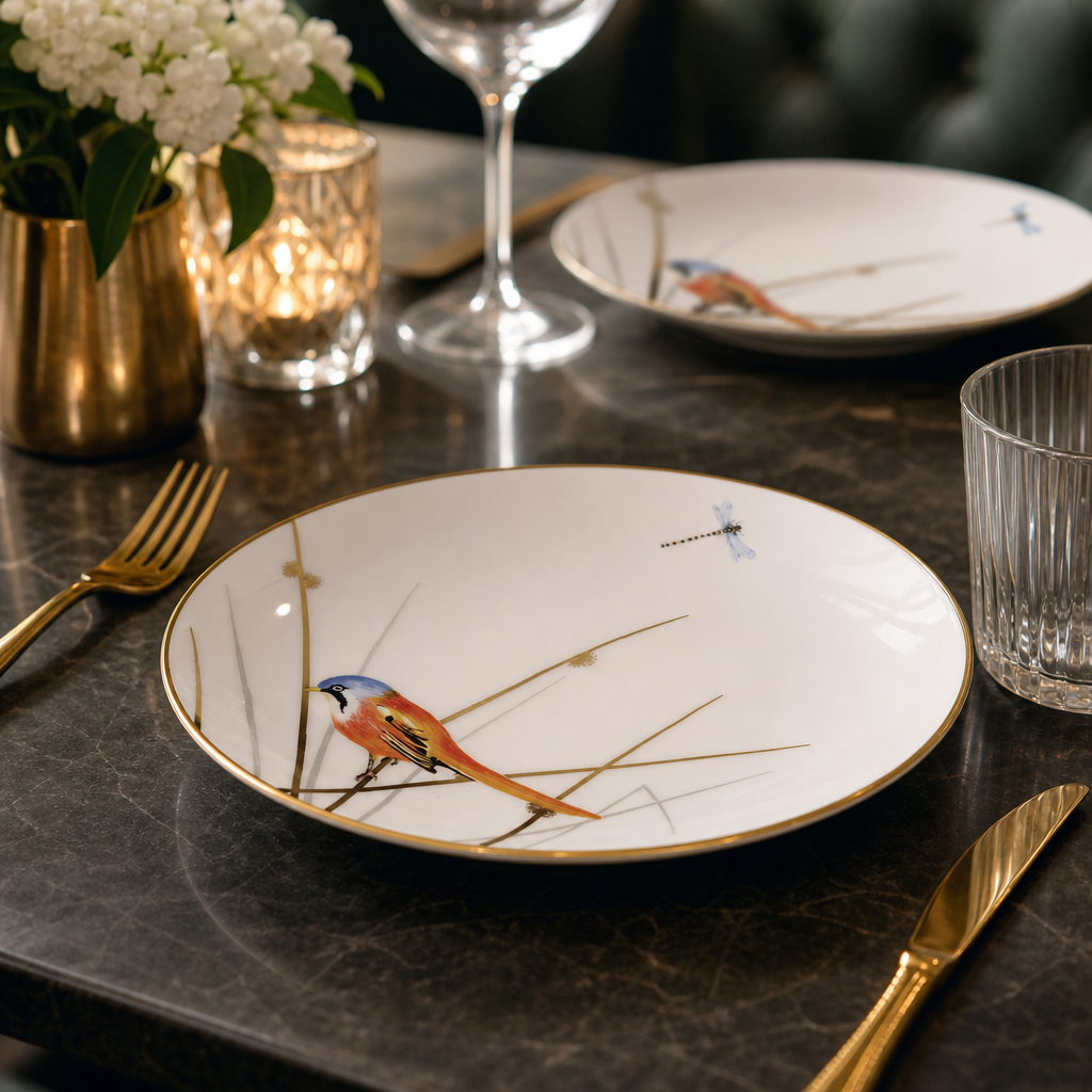 Coupe Plates Hand-Painted Bird Illustrations Bone China for Dining (Pack of 12)