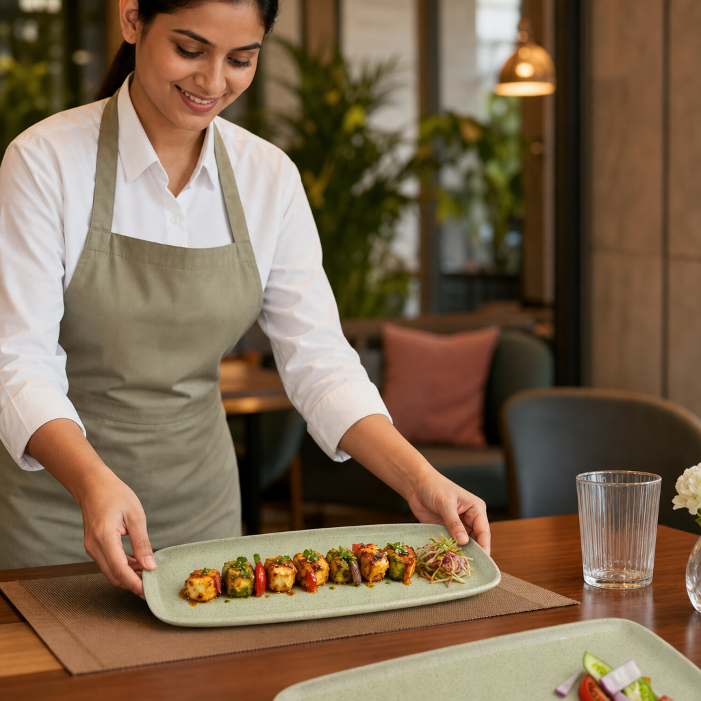 Oblong Trays Green Vitrified Stoneware for Dining (Pack of 6)