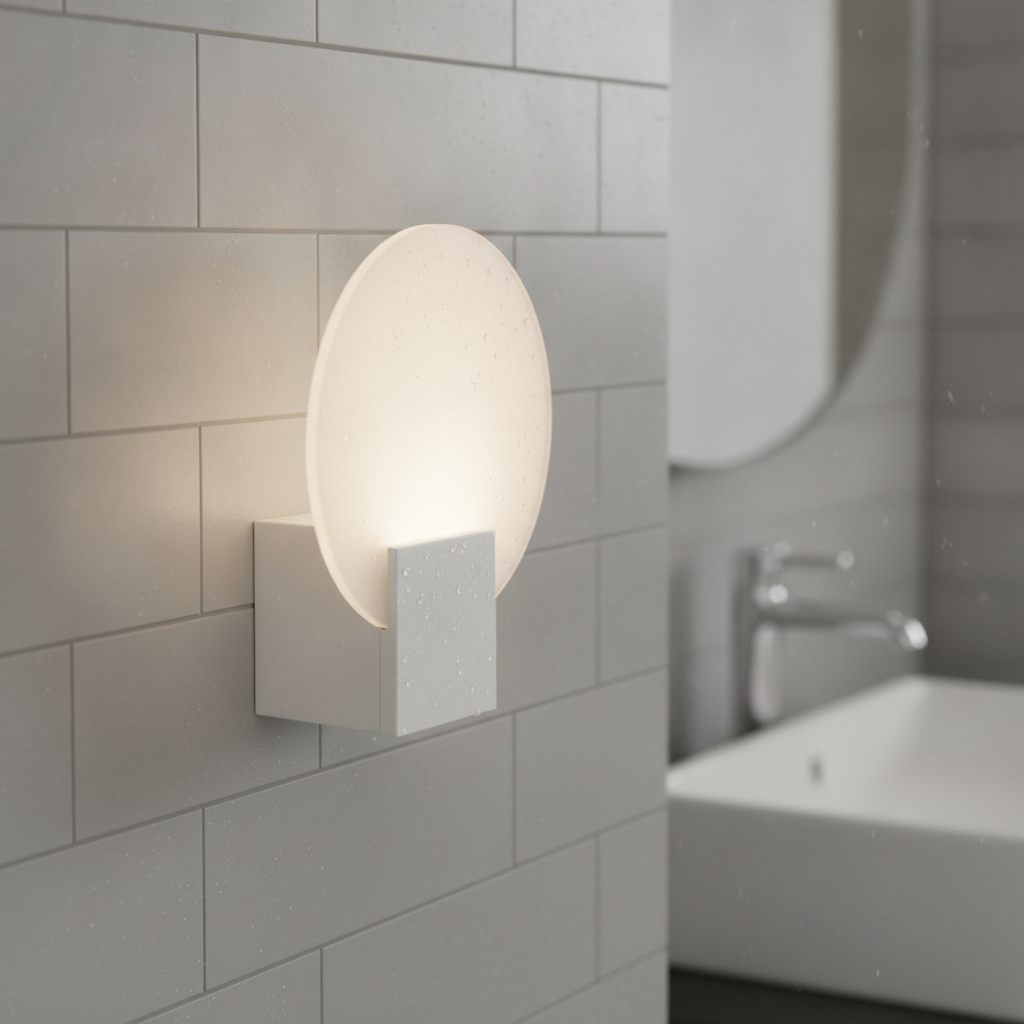 Plastic White Wall Light with Tempered Glass Shade for Bathrooms