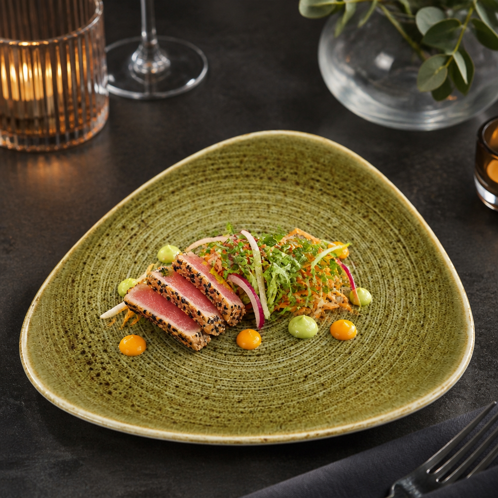 Olive Triangle Plates inch 9 Vitrified Porcelain for Elegant Dining (Pack of 12)