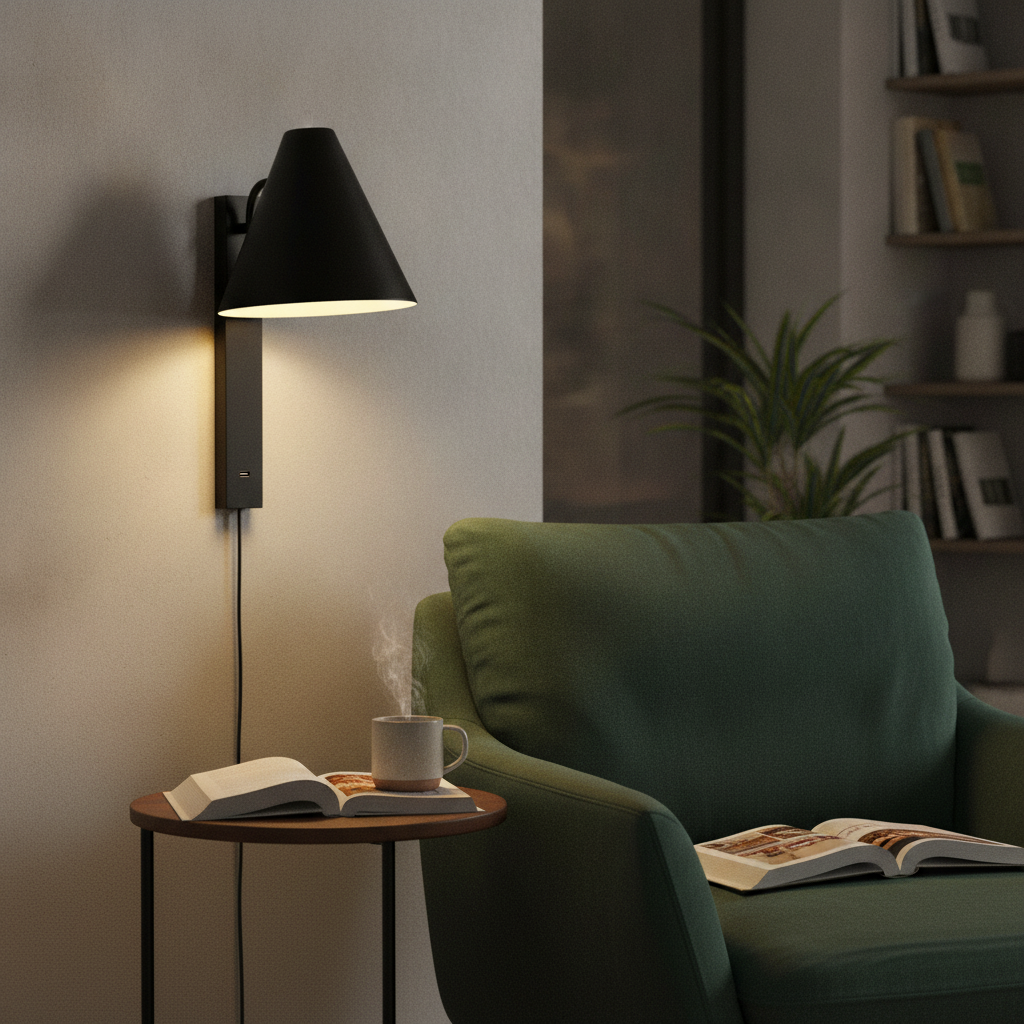 Metal Black Indoor Wall Light with USB-C Charging for Reading Areas