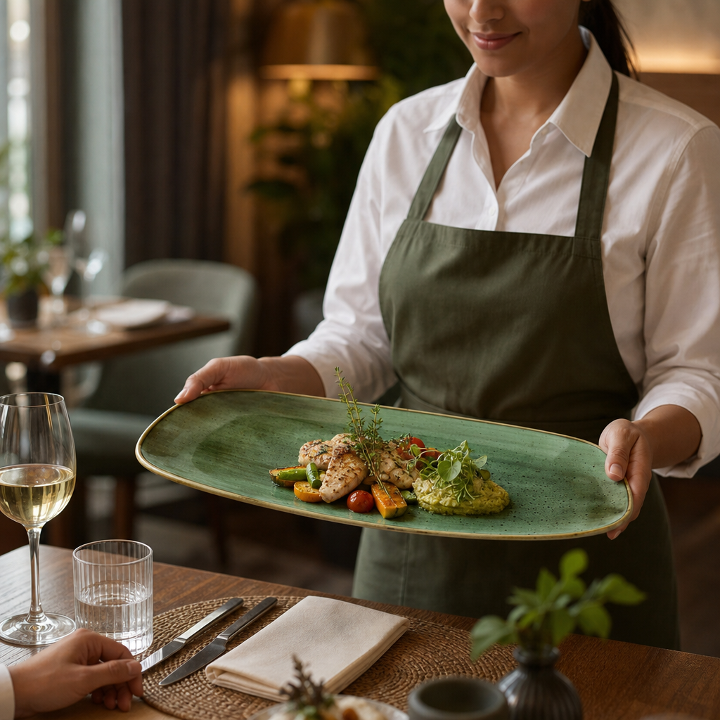 Extra-Large Oval Plates Green Vitrified Ceramic for Dining Services (Pack of 6)