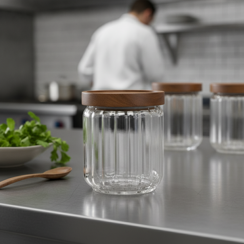 Glass Condiment Jar with Acacia Wood Lid 570ml for Bar Storage (Pack of 24)
