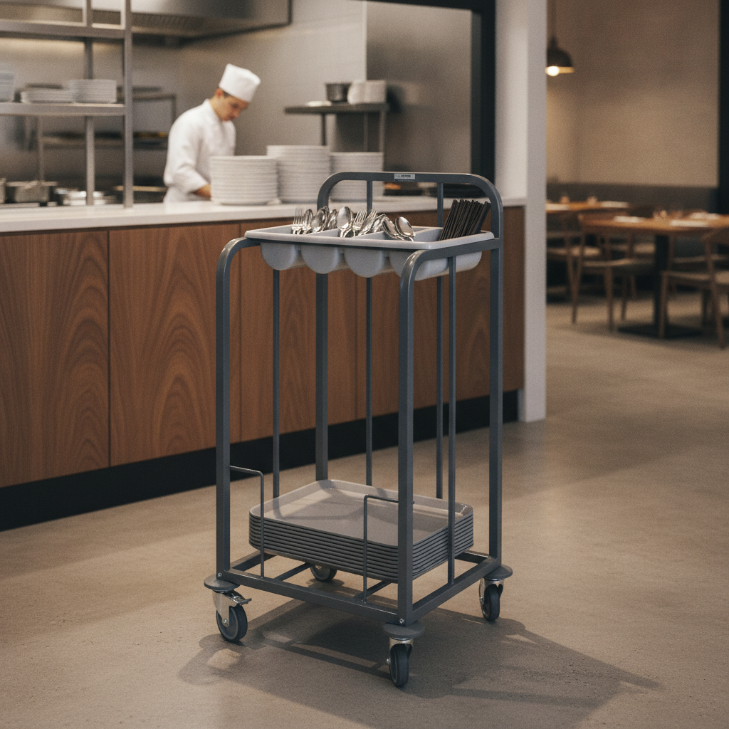 Steel Cutlery and Tray Dispense Trolley for Cafés & Restaurants