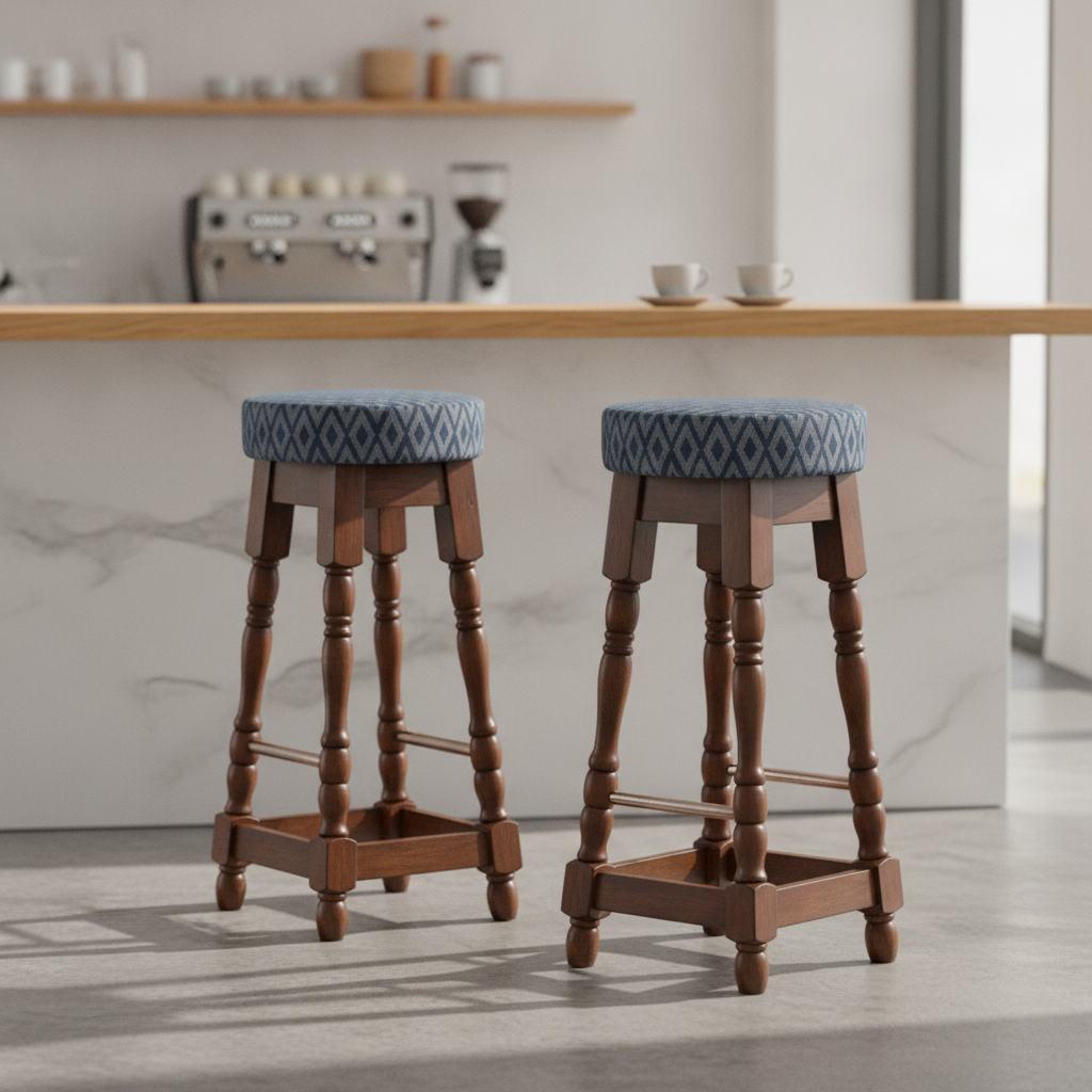 Rubber Wood High Bar Stools with Blue Diamond Seat 770mm for Pubs & Cafés (Pack of 2)
