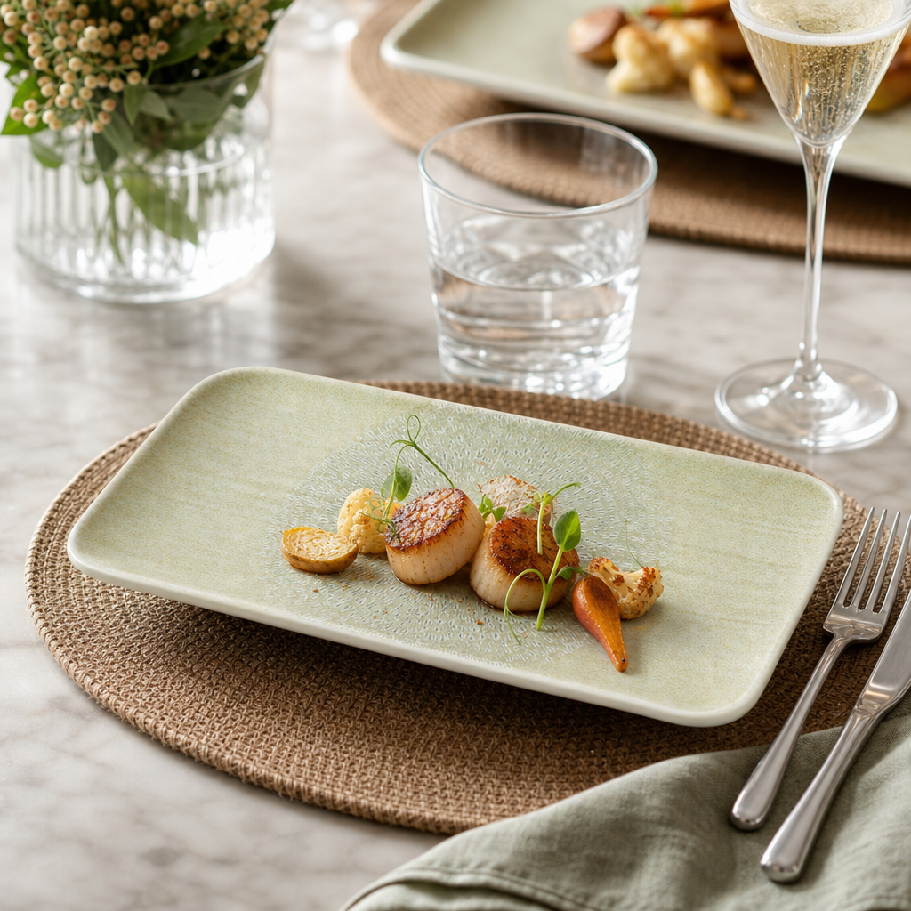 Grain Rectangular Plate x 346 156mm Green Ceramic for Elegant Dining (Pack of 6)