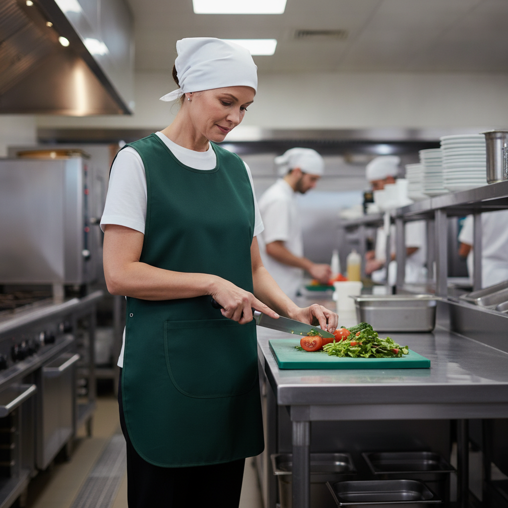 Polycotton Green Tabard for Staff Protection in Kitchens