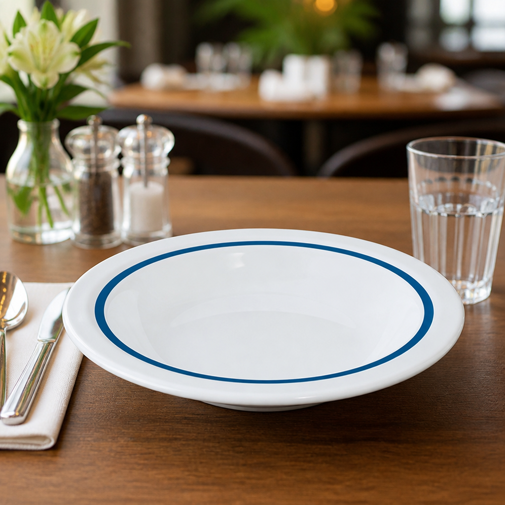 Autonomy Soup Dishes with Blue Border 230mm for Healthcare Use