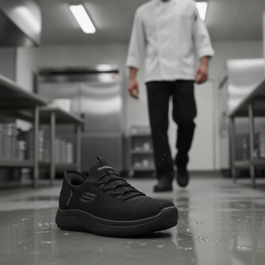 Mesh Slip Resistant Slip-On Shoes Black for Work Environments