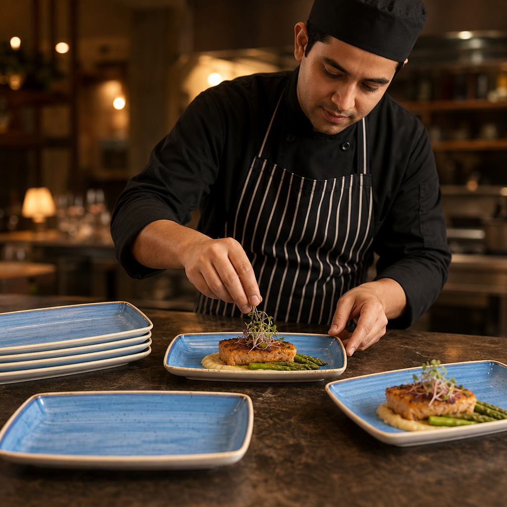 Rectangular Plates Blue Vitrified Ceramic for Catering (Pack of 12)
