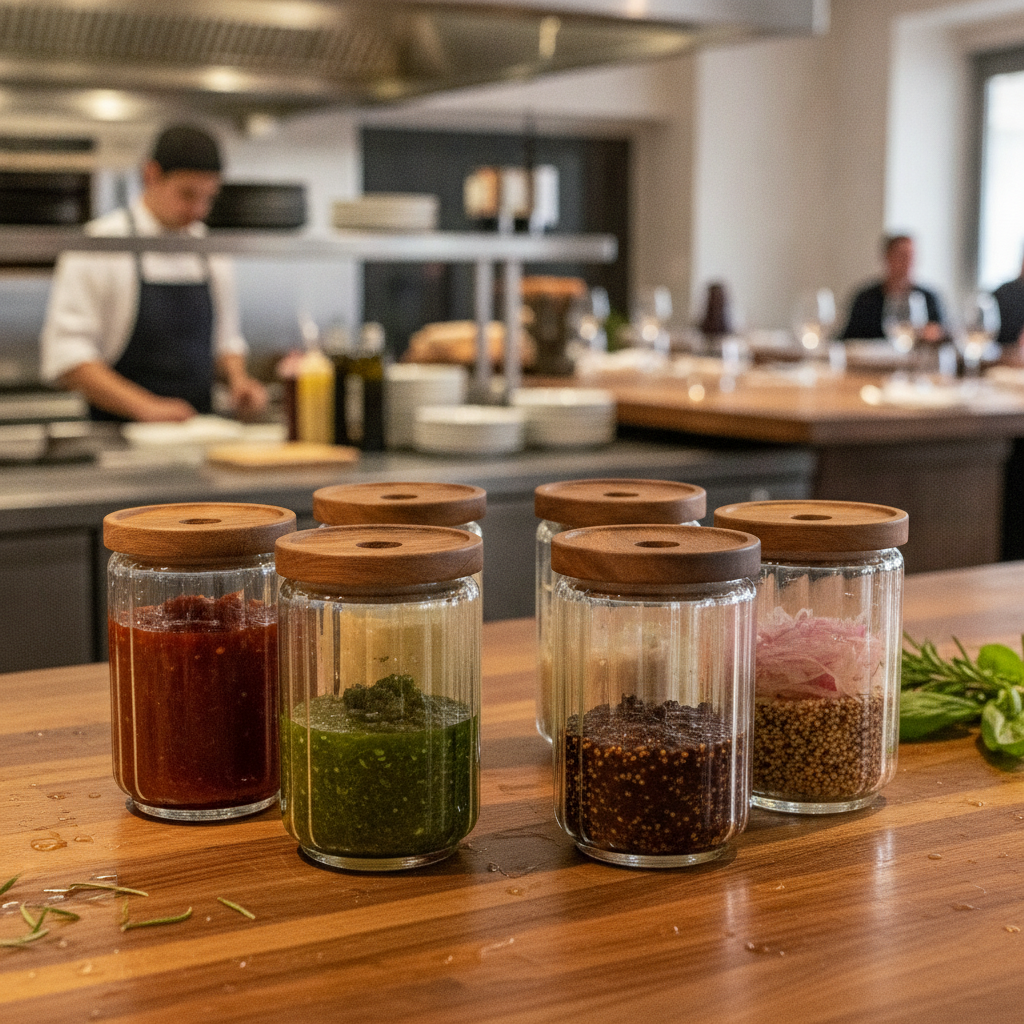 Glass Condiment Jar 650ml with Acacia Wood Lid for Bars & Pubs (Pack of 12)