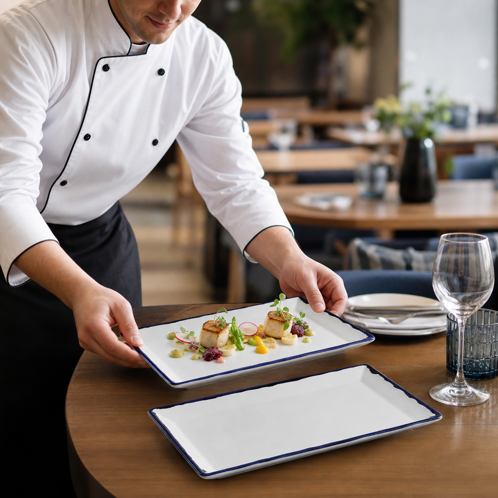 Hand-Finished Rectangular Trays Porcelain for Dining (Pack of 6)