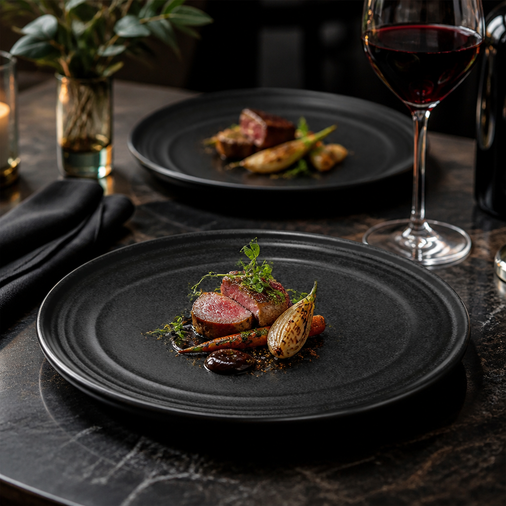 Textured Black Porcelain Flat Round Plates 220mm for Unique Table Settings (Pack of 6)