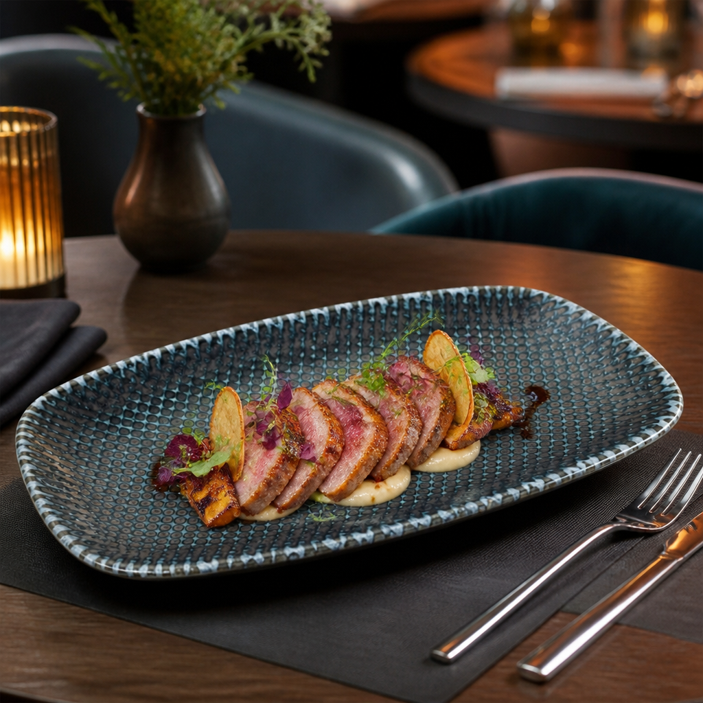 Metallic Oblong Chef's Plates Blue Vitrified Ceramic for Restaurants & Catering (Pack of 12)