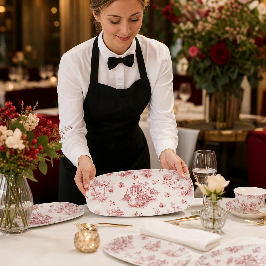 Cranberry Toile Rectangular Plates 298mm Porcelain for Tearooms & Coffee Shops (Pack of 12)