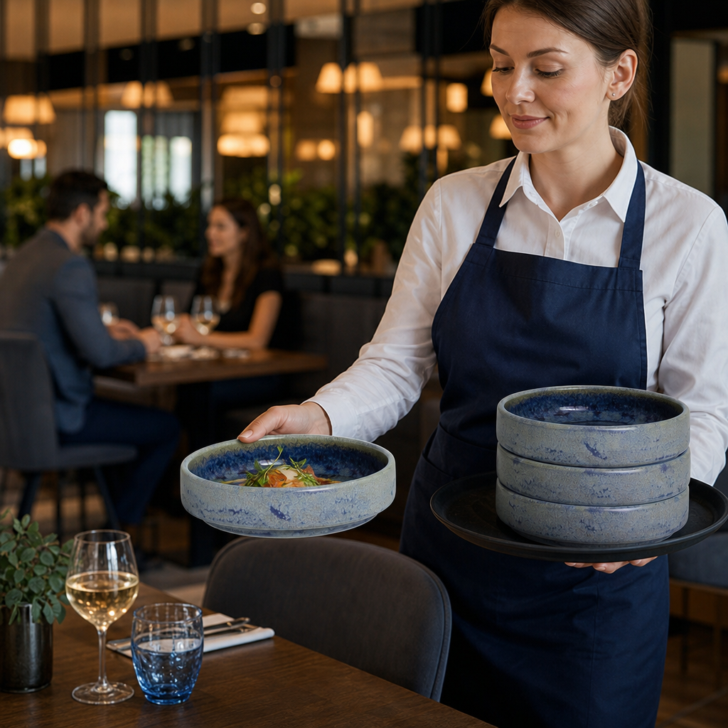 Round Stacking Trays Blue Vitrified Ceramic for Versatile Dining (Pack of 12)
