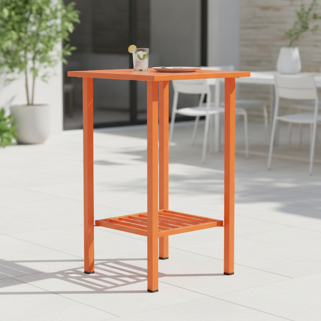 Powder Coated Steel Bar Table in Vibrant Orange 650x650mm for Outdoor Dining