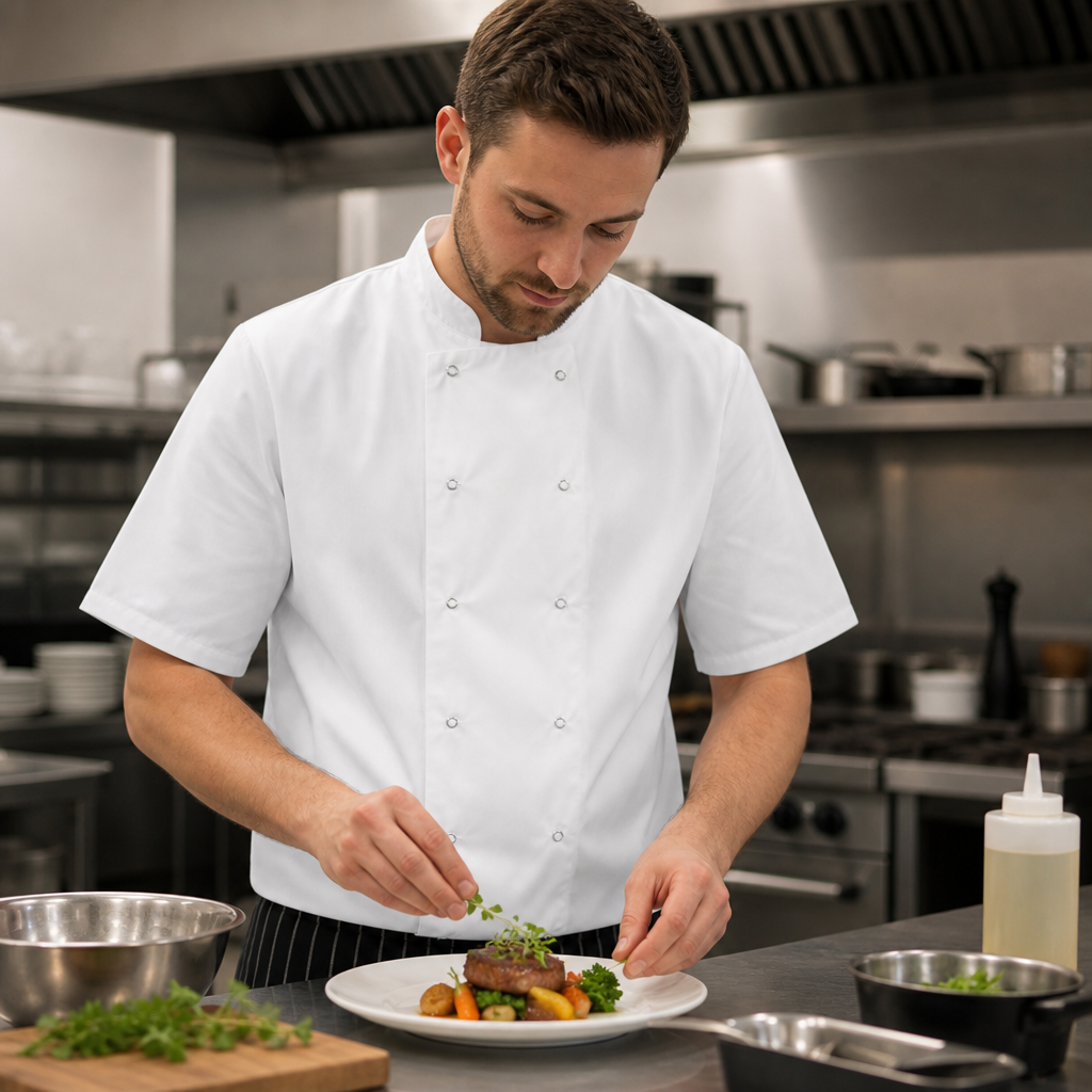 Unisex Short Sleeve Chef Jacket in White for Professional Kitchens