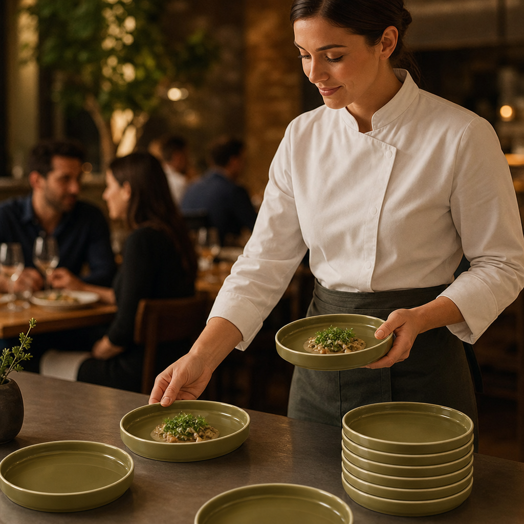 Round Stacking Trays Olive Alumina Green Vitrified Ceramic for Casual Dining (Pack of 12)