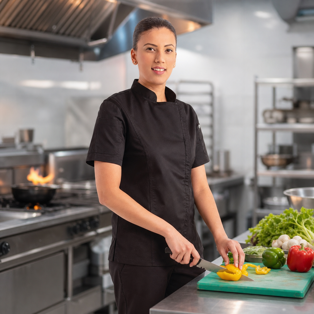 Black Polycotton Women's Chef Jacket with Cool Vent Technology for Busy Kitchens