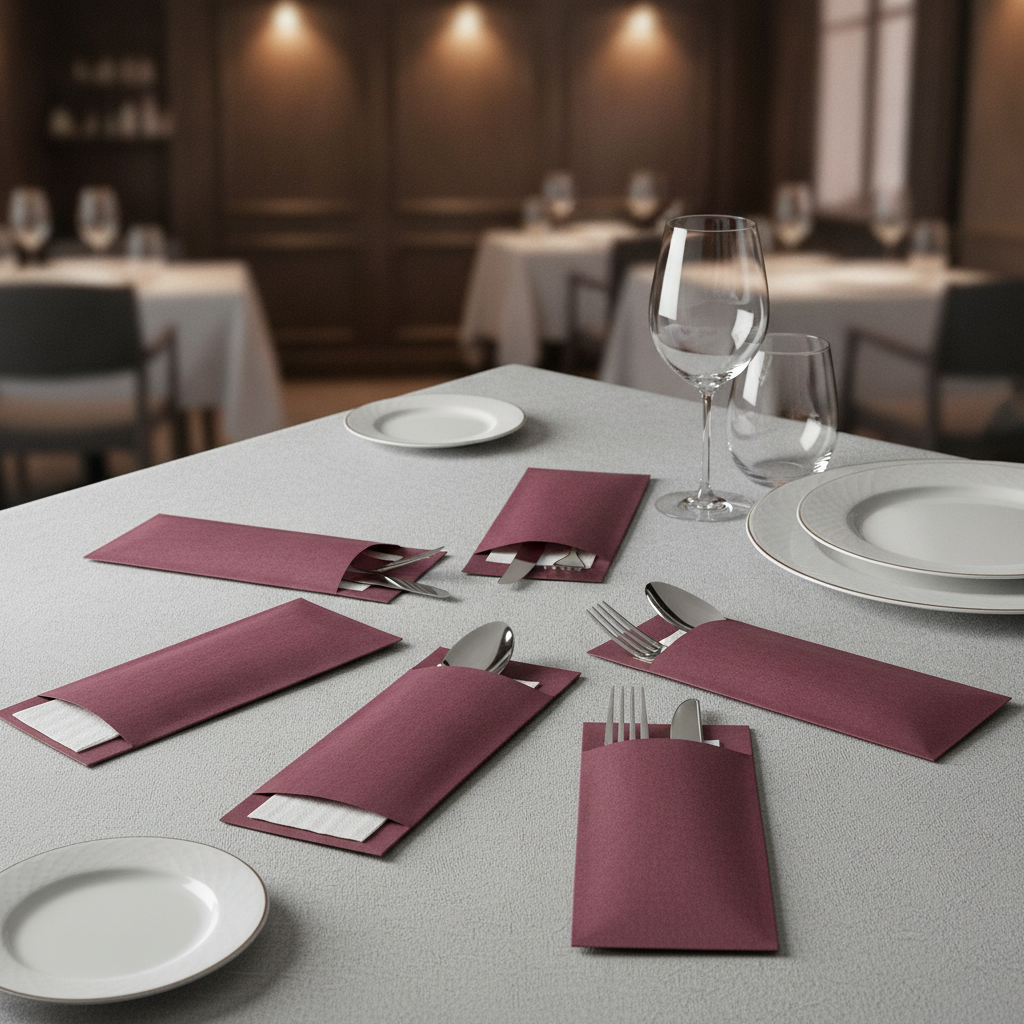 Paper Burgundy Cutlery Pouch with White Napkin 195x57.5mm for Dining Tables (Pack of 500)