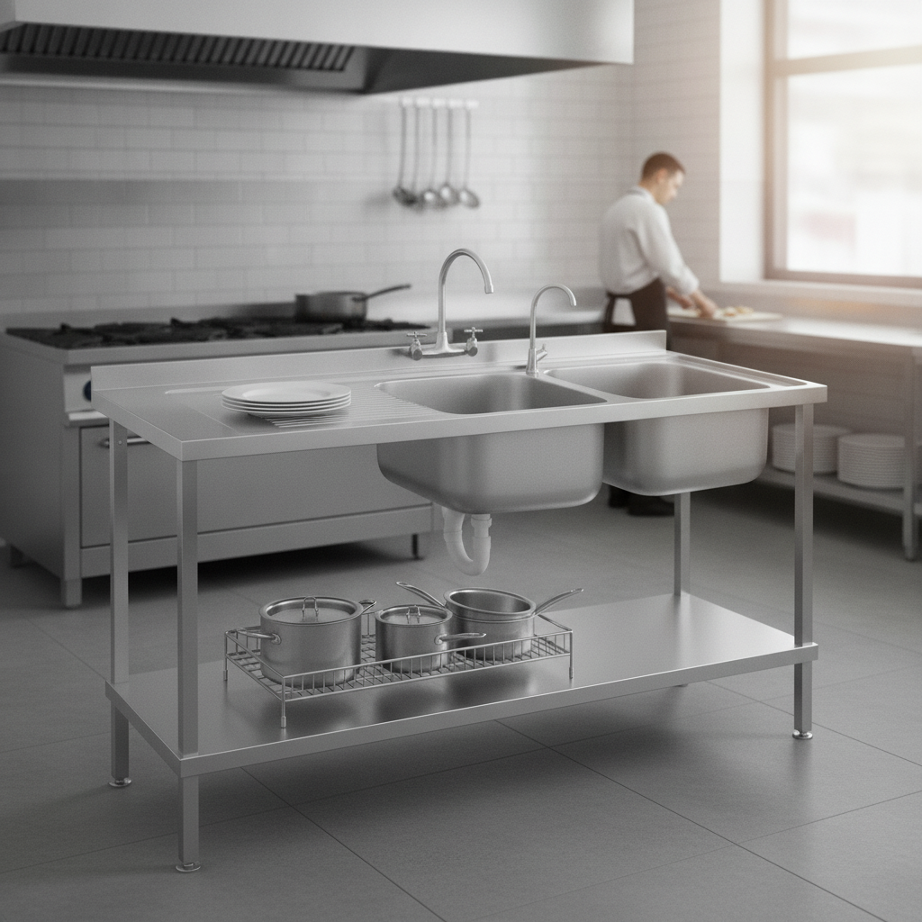 304 Stainless Steel Double Sink with Left Hand Drainer 1500mm for Commercial Kitchens
