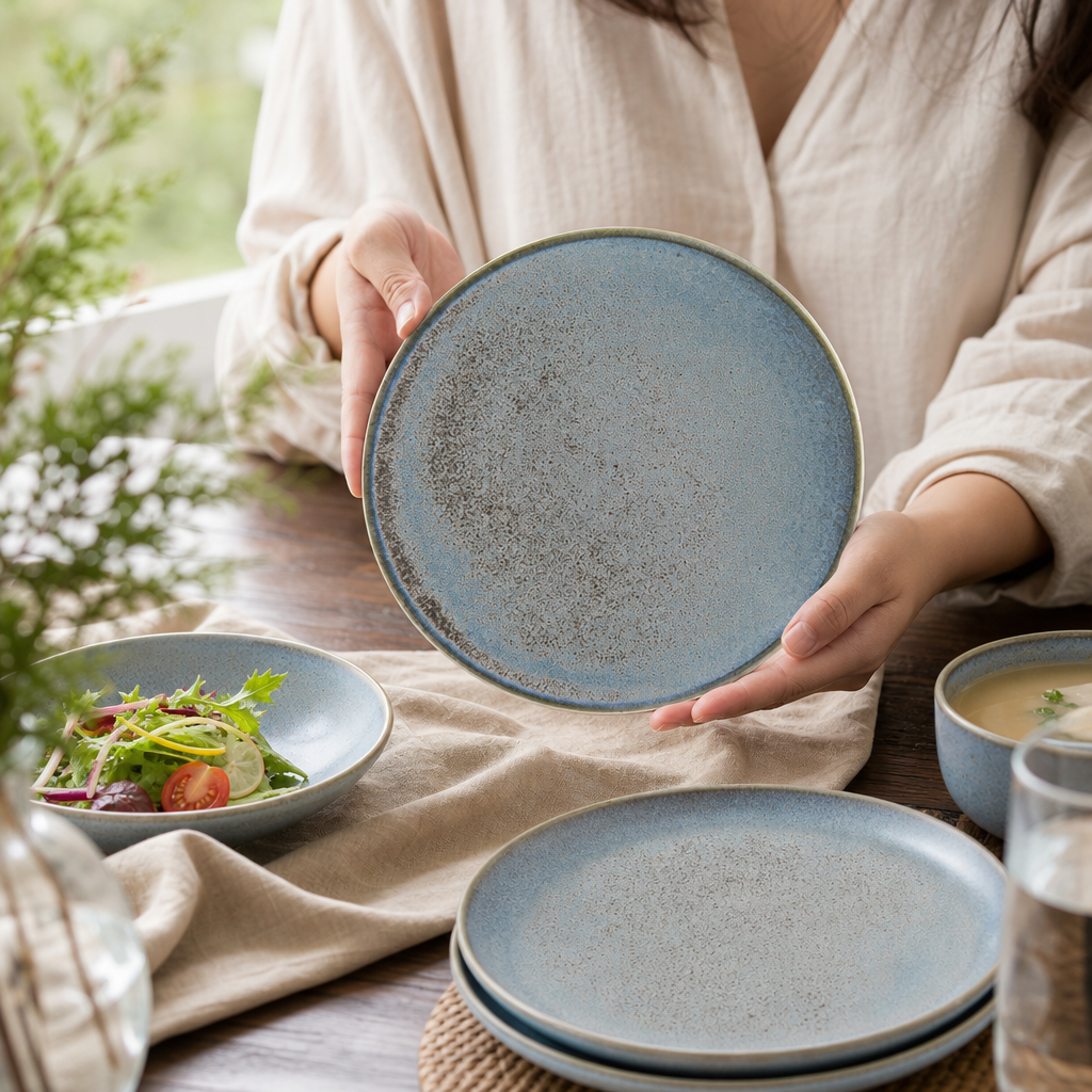 Porcelain Coupe Plates 180mm with Blue and Brown Glaze for Rustic Dining