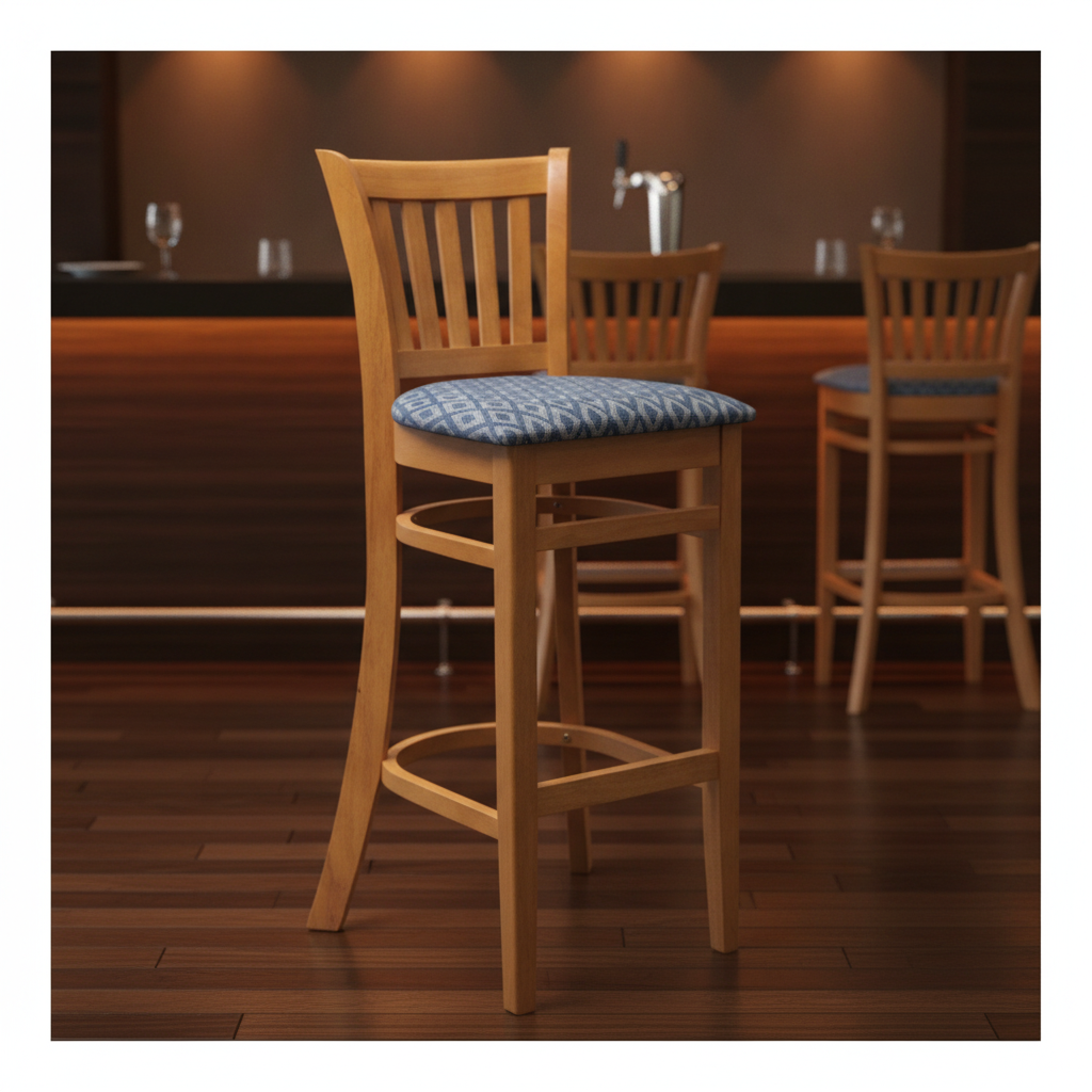 Rubber Wood Bar Chair with Blue Padded Seat 1010x410mm for Hospitality Settings