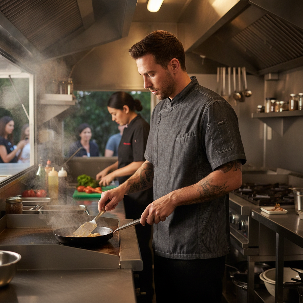 Grey Denim Chef Jacket for Food Trucks & Open Kitchens