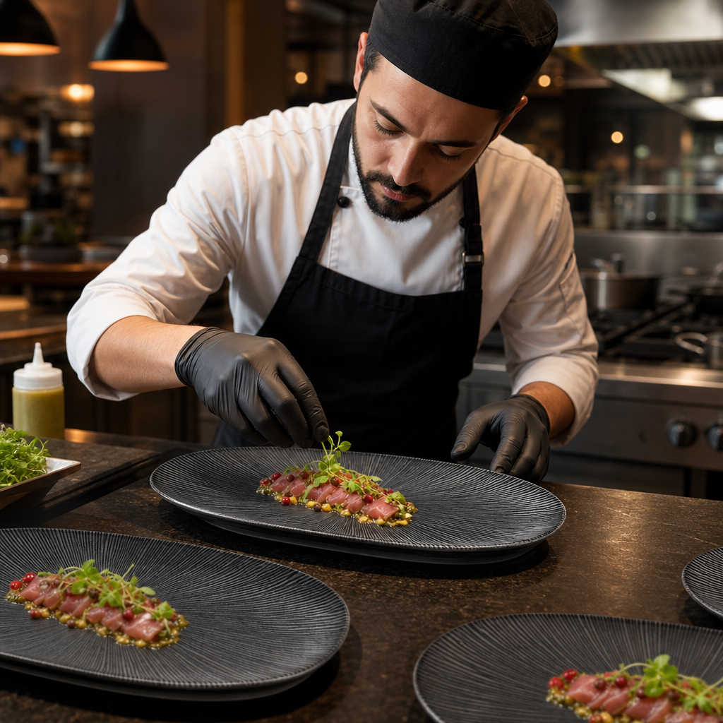 Oval Chefs Plates 299x150mm Black Vitrified Ceramic for Professional Kitchens (Pack of 12)