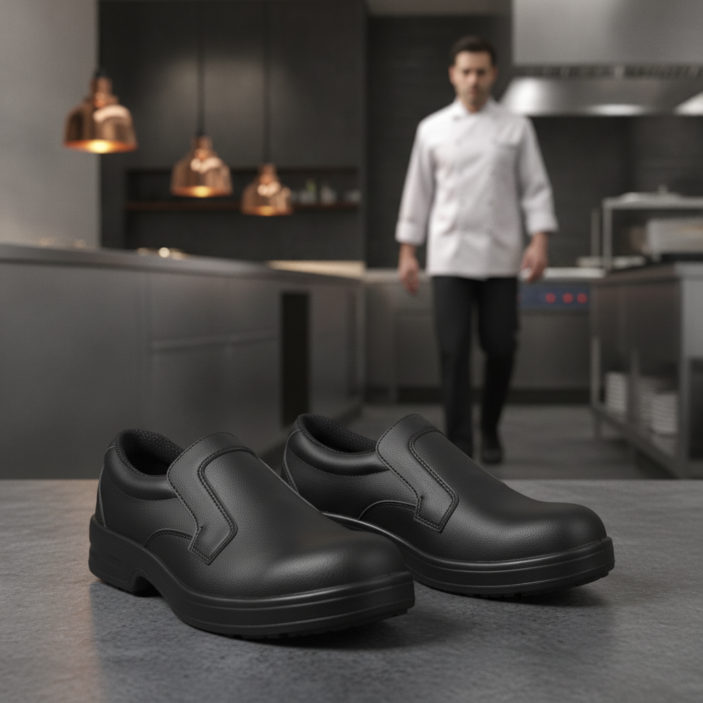 Polyurethane Slip On Safety Shoes Black for Hospitality Staff