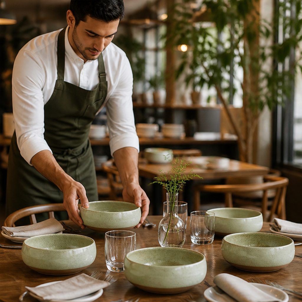 Deep Bowls Green Vitrified Stoneware for Table Settings (Pack of 6)
