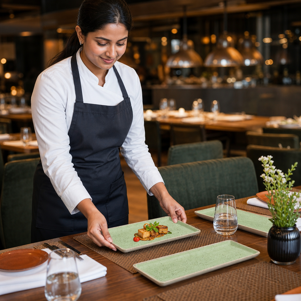 Oblong Plates Green Vitrified Ceramic for Dining (Pack of 6)