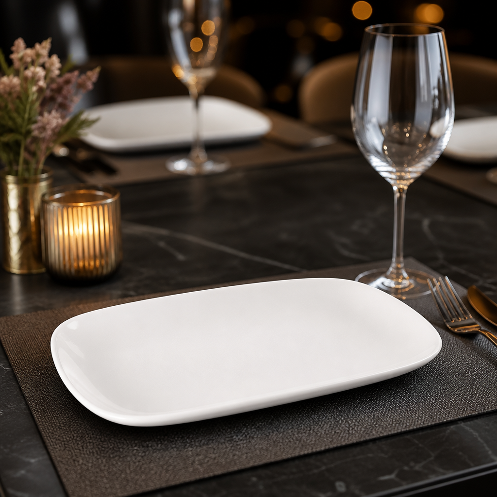 Squared Oblong Plates White Porcelain for Elegant Dining (Pack of 12)