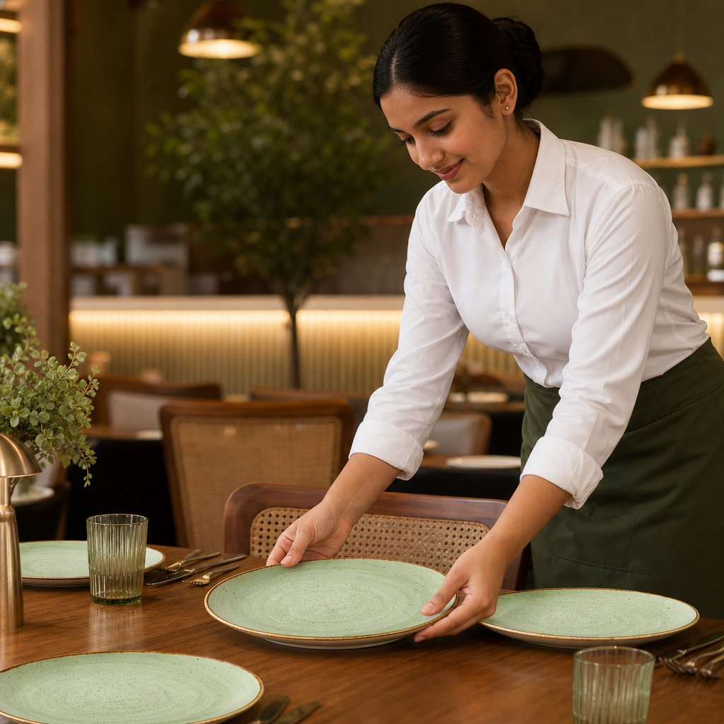 Plates 260mm Sage Green Vitrified Ceramic for Restaurants (Pack of 12)