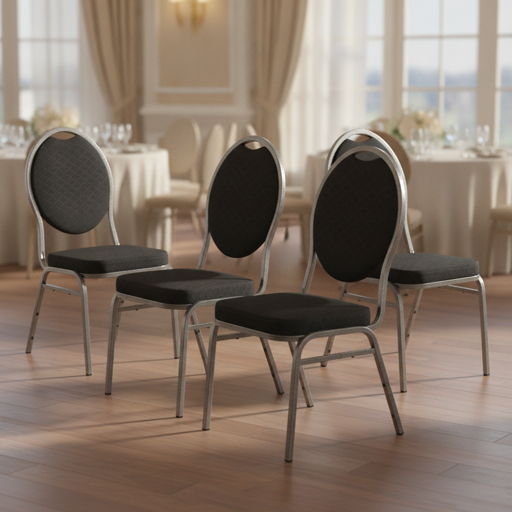 Steel Frame Banquet Chairs with Black Fabric for Events (Pack of 4)