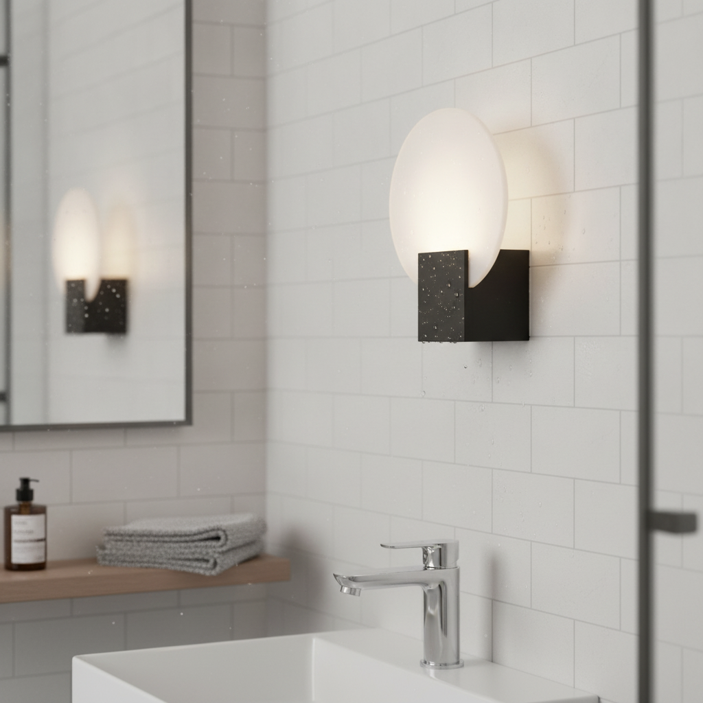 Plastic Black Wall Light with Tempered Glass Shade for Bathrooms