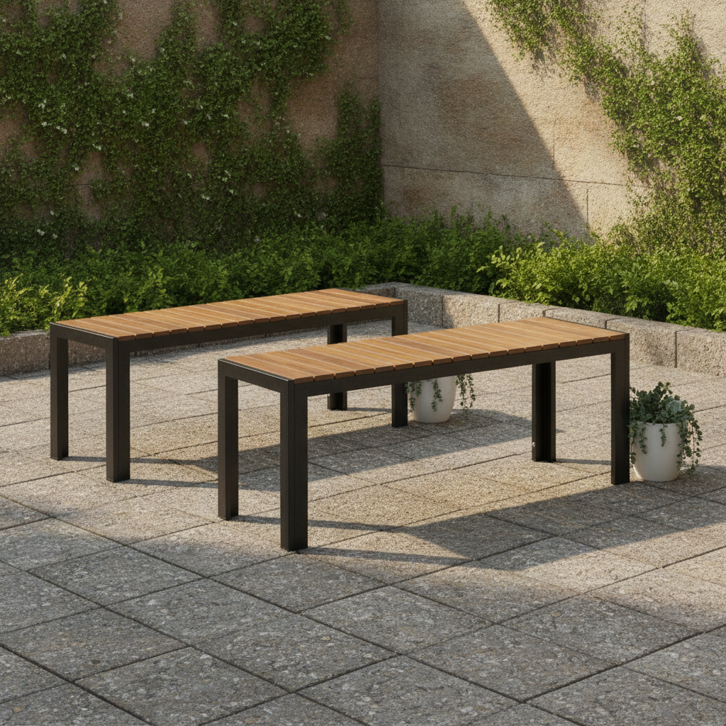 Acacia Wood & Powder-Coated Steel Rectangular Bench 1000mm for Outdoor Seating (Pack of 2)