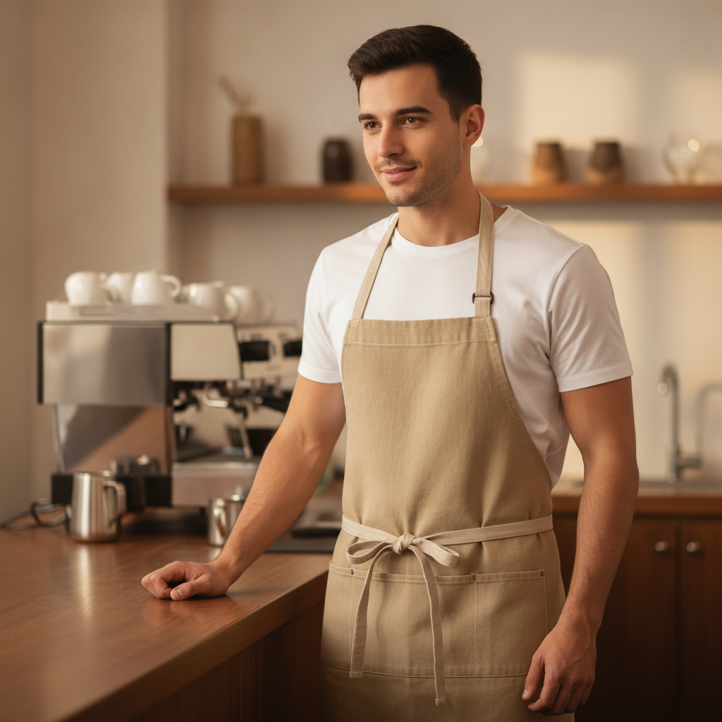 Cotton Denim Waist Apron Beige for Artisan Cafés