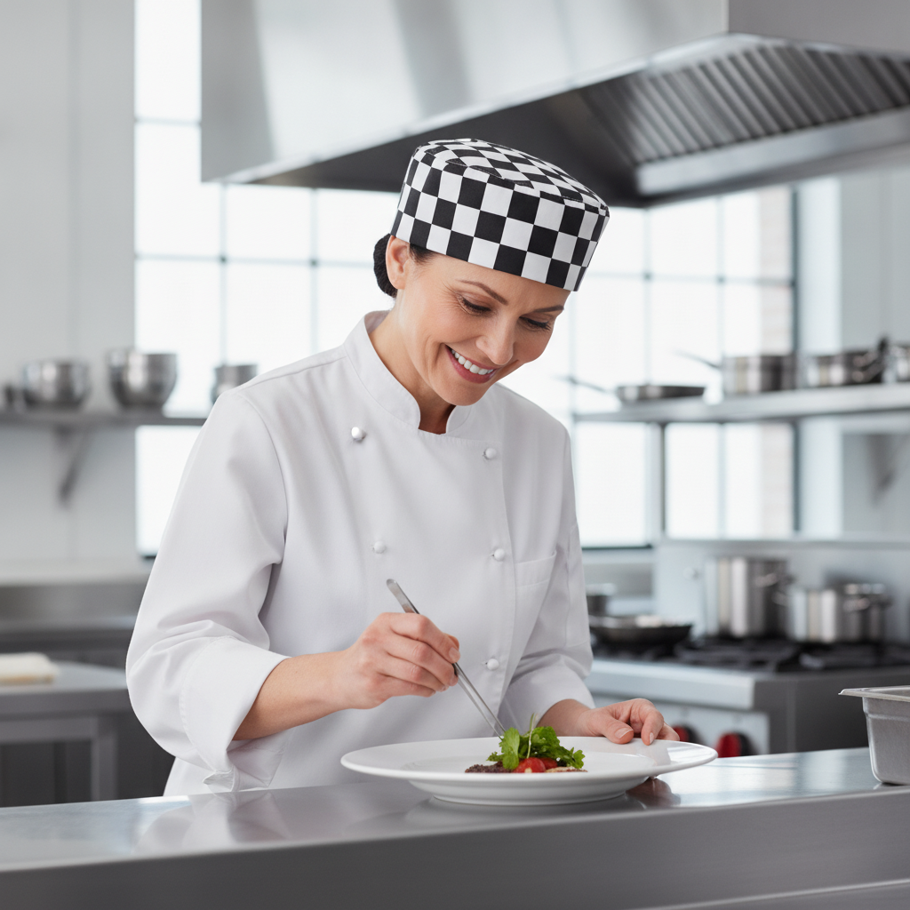 Cotton & Recycled Polyester Black and White Check Skull Cap for Chefs